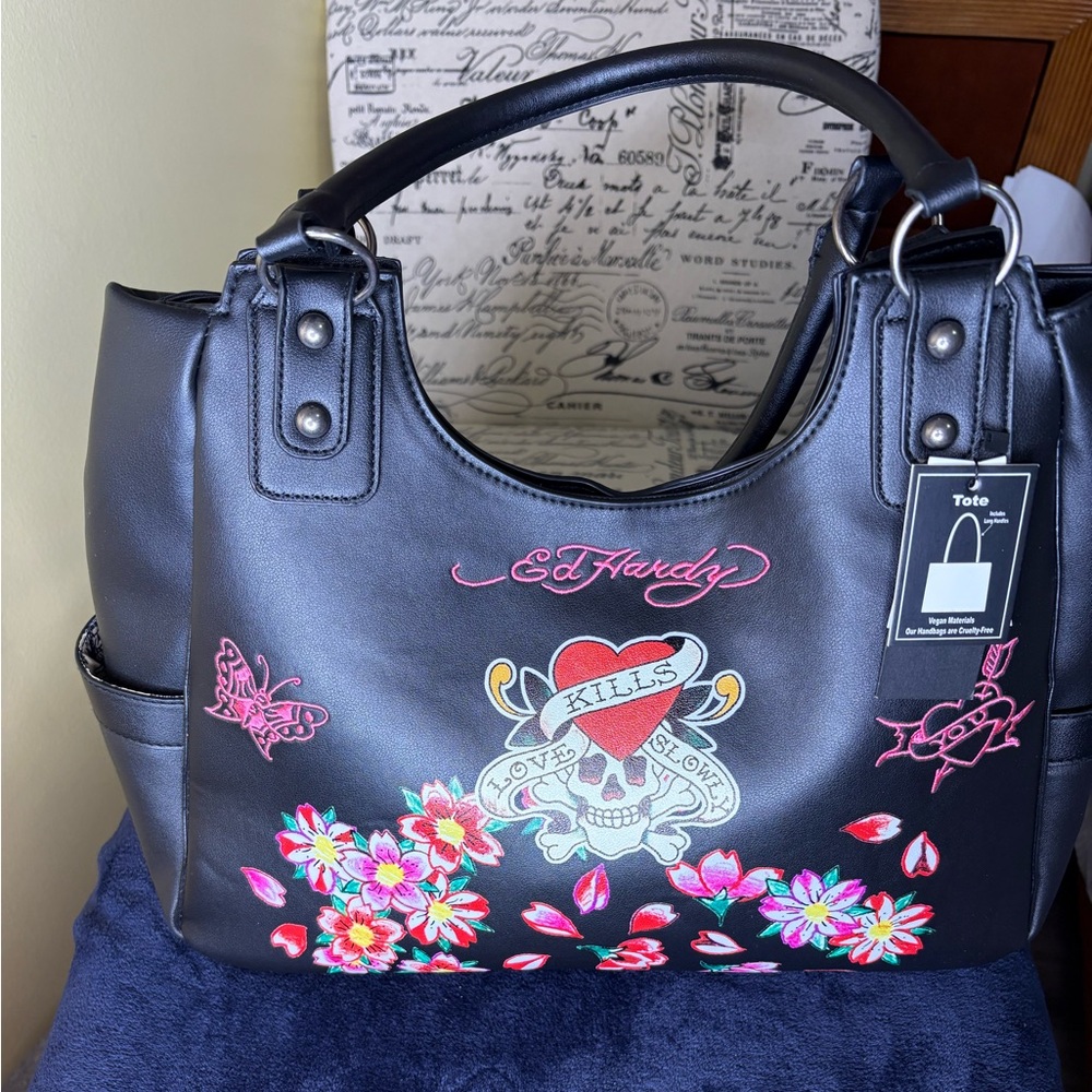 Ed Hardy Black Tote with Colorful Floral and Heart Design